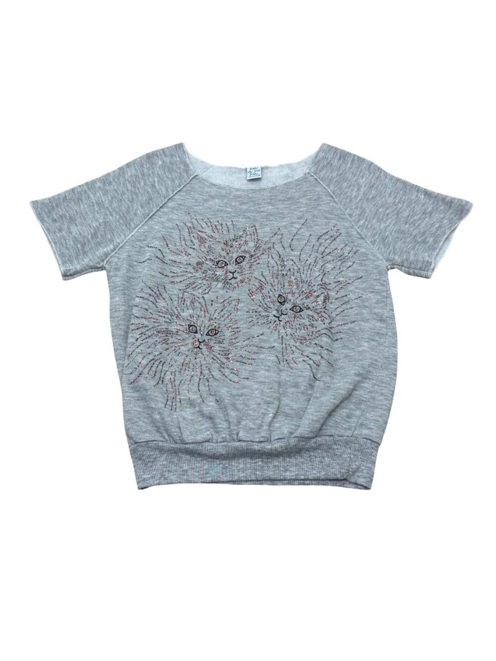 Vintage 1980s Joy Joy Gray Cat Glitter Sweatshirt Top Made in USA
